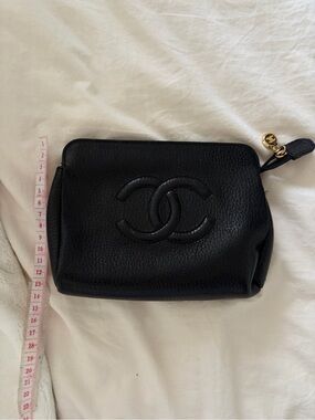 CHANEL Black Quilted CC Logo Cosmetic Pouch with Gold Zipper Pull